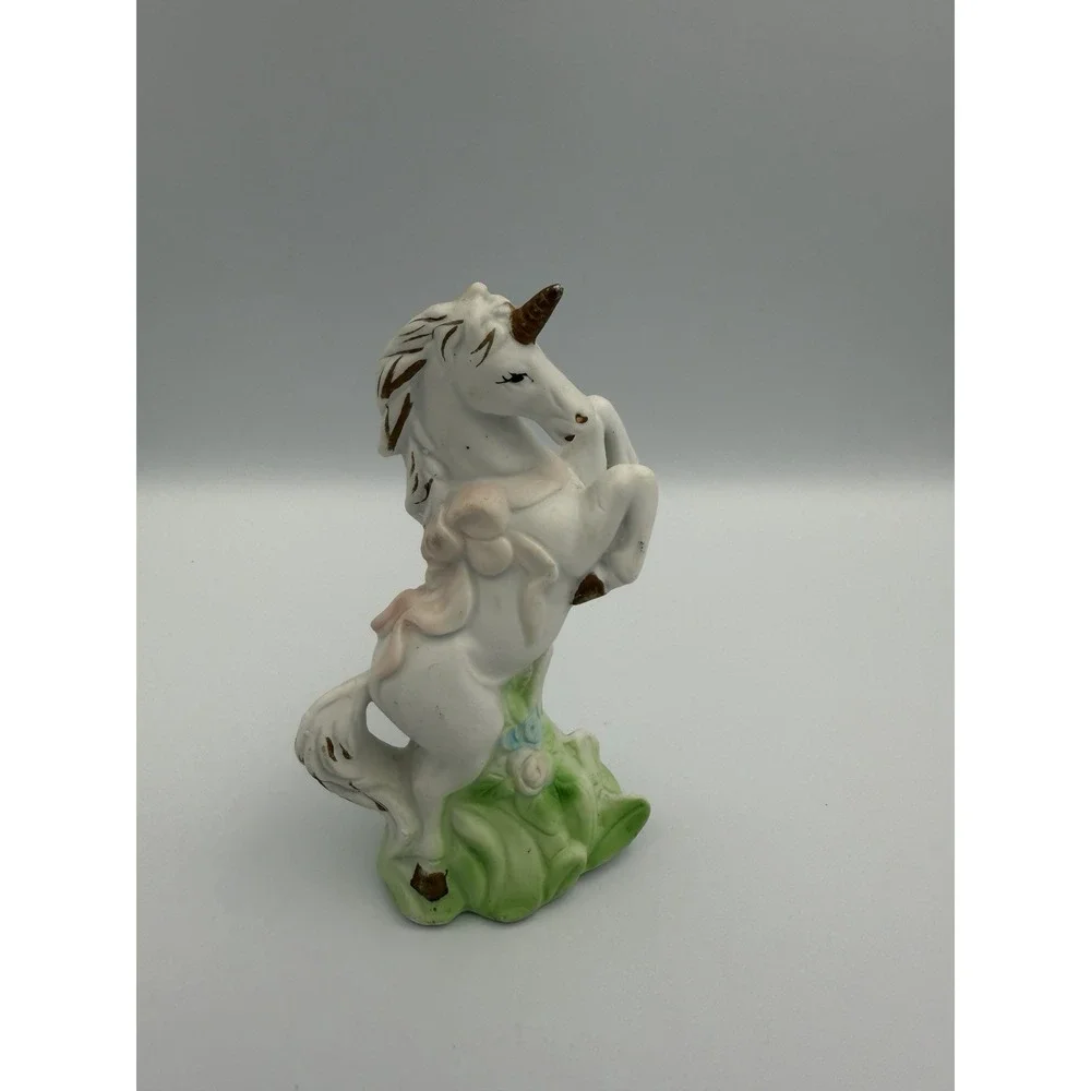 Vintage White Porcelain Bisque Rearing Unicorn Small Figurine